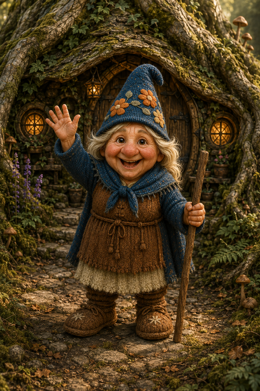 Greta smiling and waving outside her ancient beech-root home while holding her wooden staff