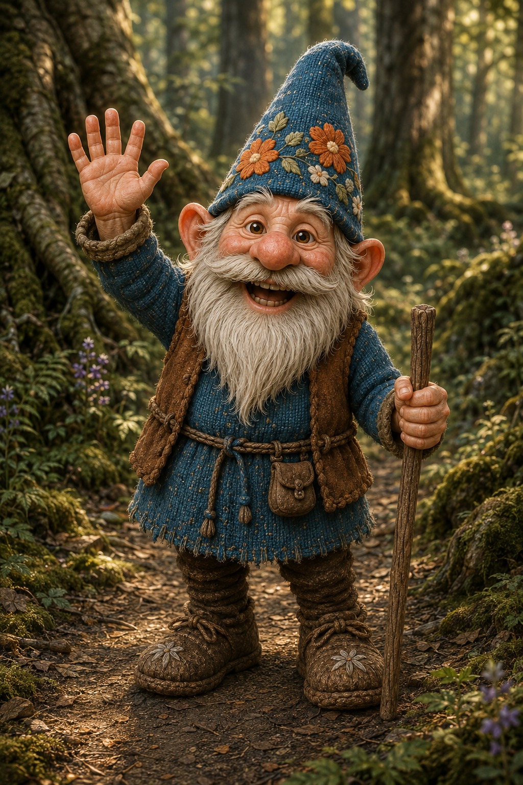Oskar smiling and waving on a forest path while holding his wooden staff