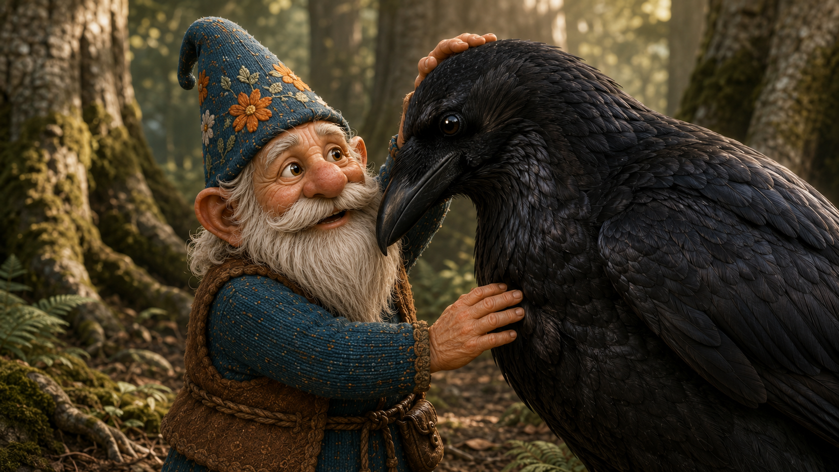 Oskar and a natural common raven together in the forest