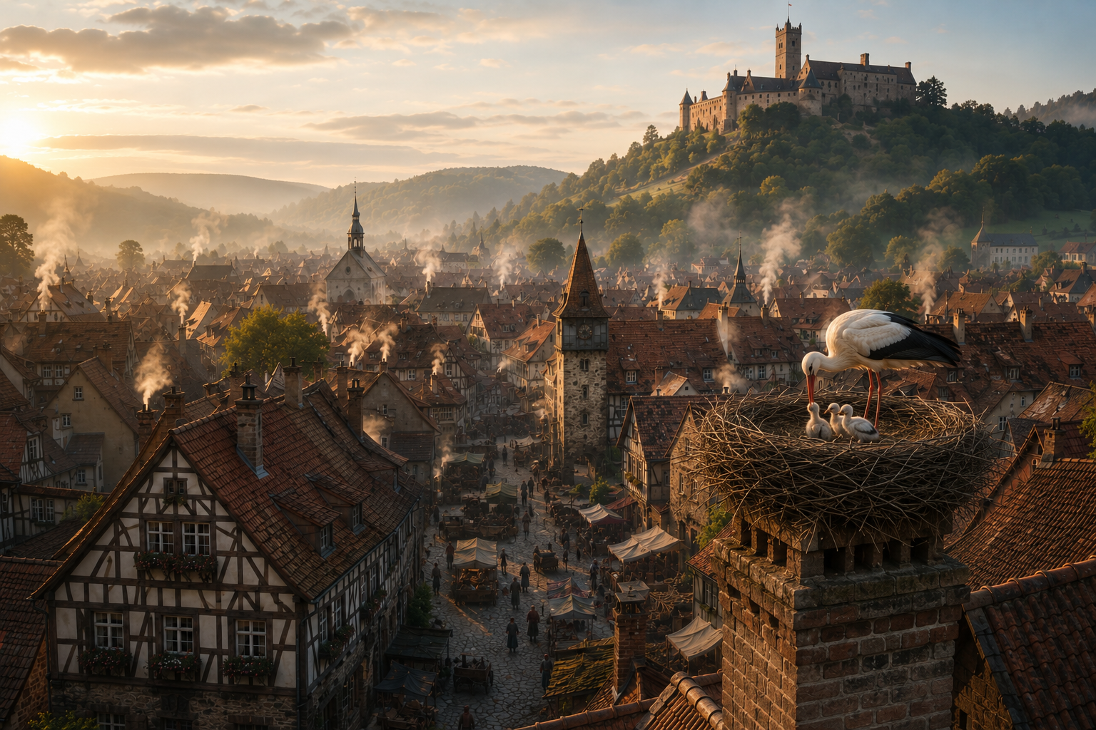 A storybook view across late-16th-century Eisenach toward Wartburg Castle, with a white stork and nest in the foreground