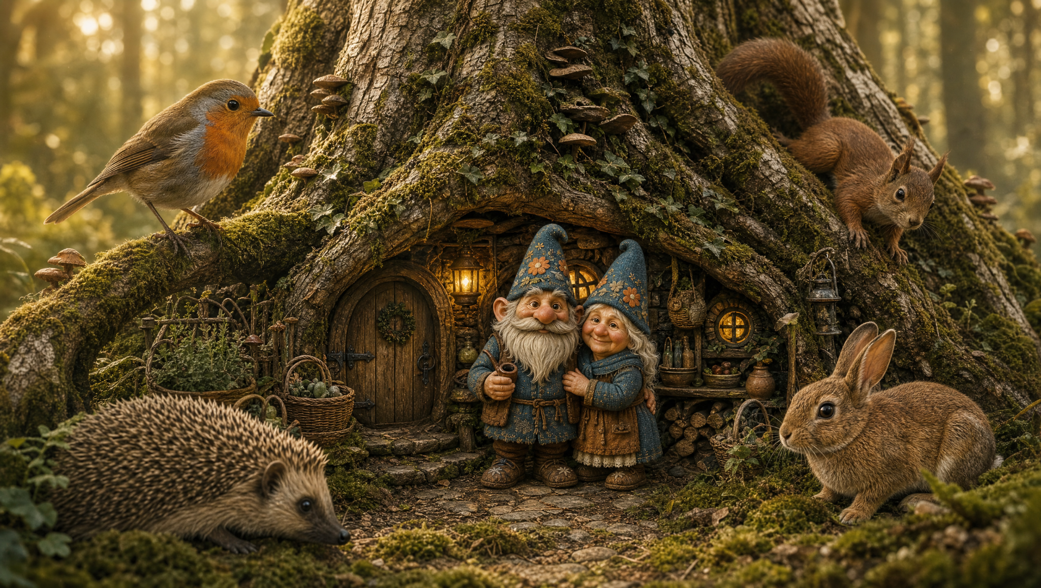 Oskar and Greta standing together outside their lantern-lit beech-root home, surrounded by a robin, squirrels, rabbit, and hedgehog in the Thuringian Forest
