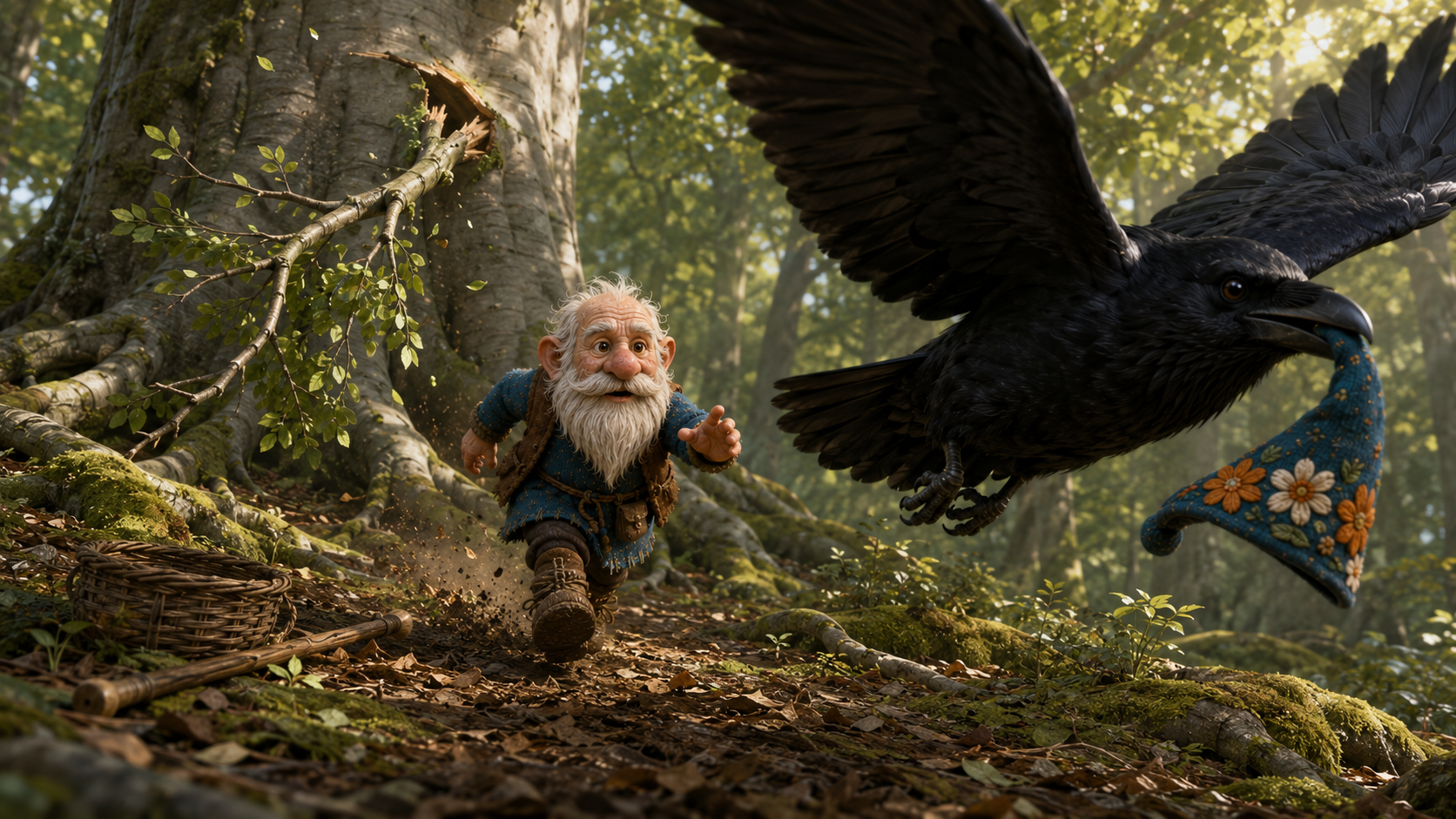Tiny Oskar gathering herbs beneath a towering beech while a raven watches from above