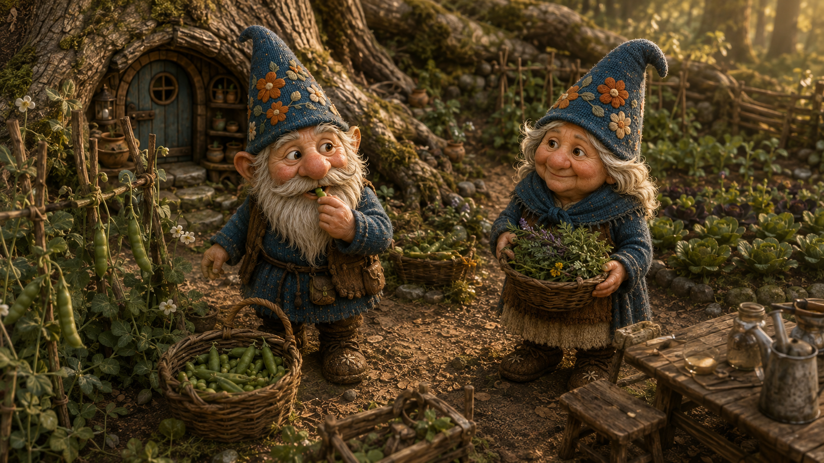 Oskar and Greta gathering peas and healing herbs in the garden outside their beech-root home
