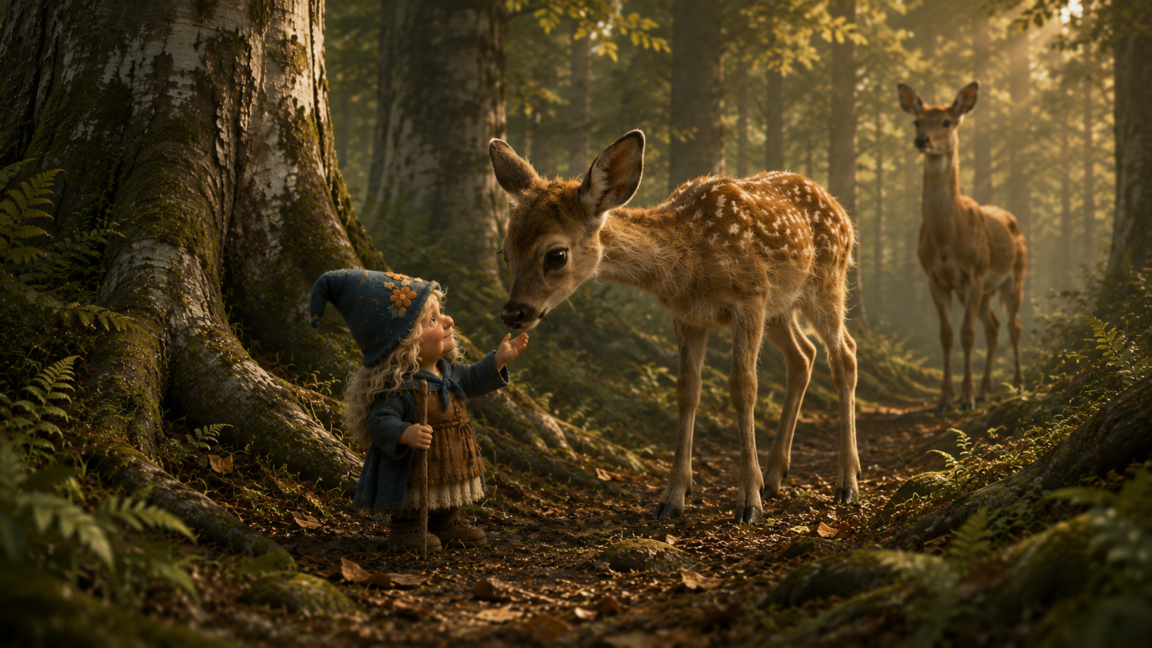 Tiny Greta discovering a much larger fallow-deer fawn among the beech roots