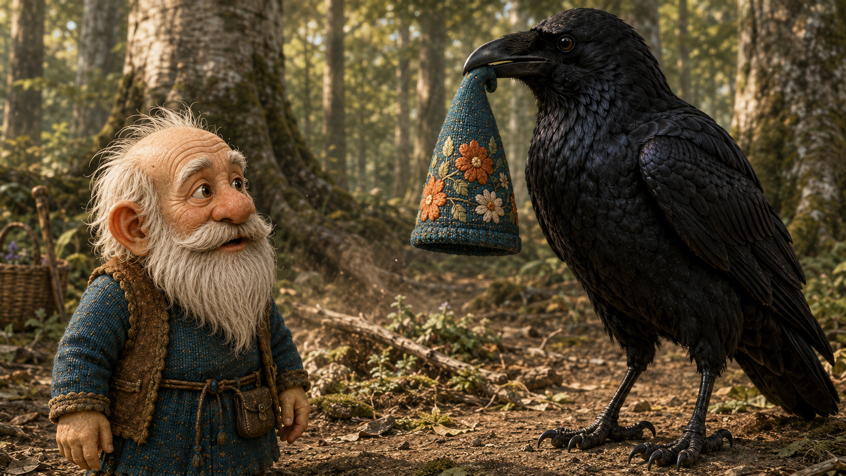 Oskar looking toward a large raven holding his blue embroidered cap