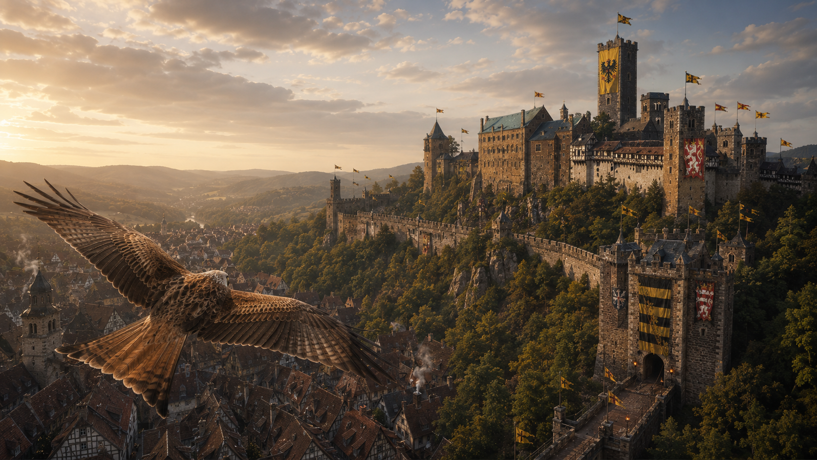 A red kite gliding above Eisenach toward Wartburg Castle in the late-afternoon light